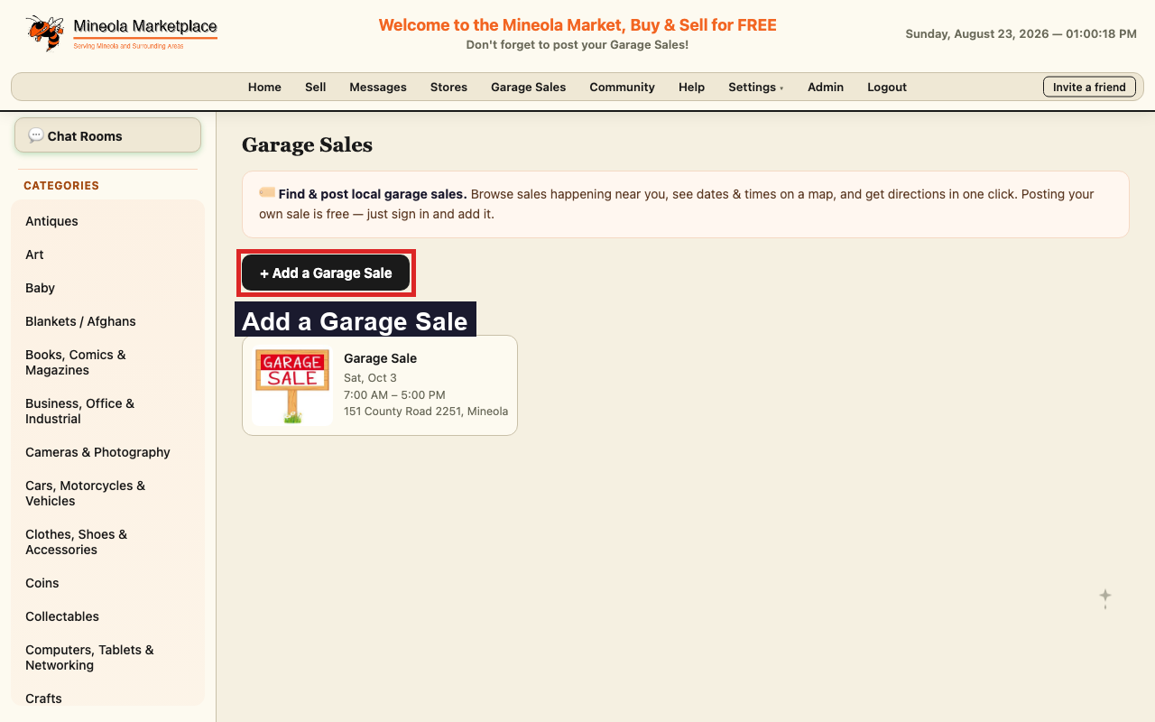 The garage sales page
