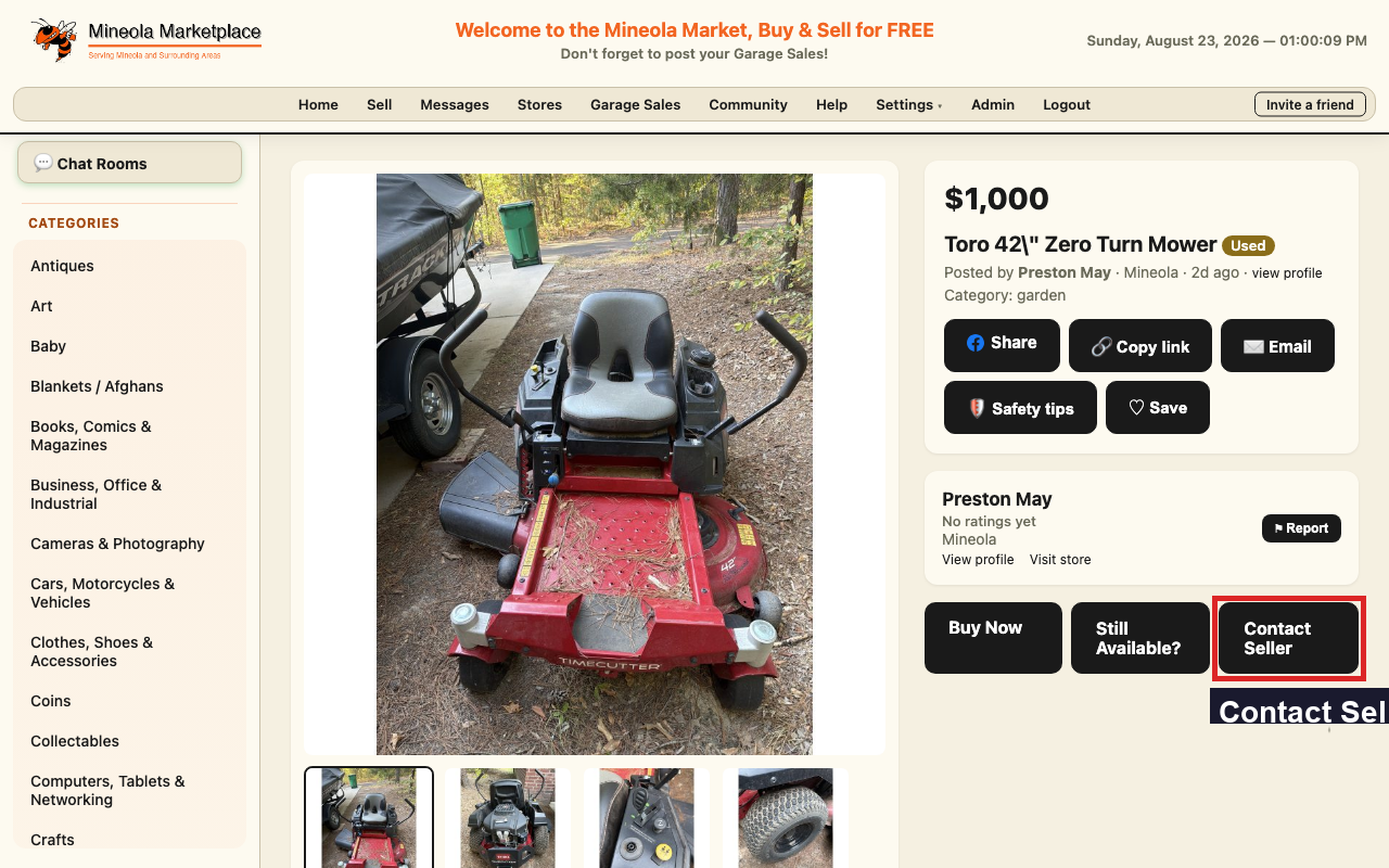 A listing with the message seller button