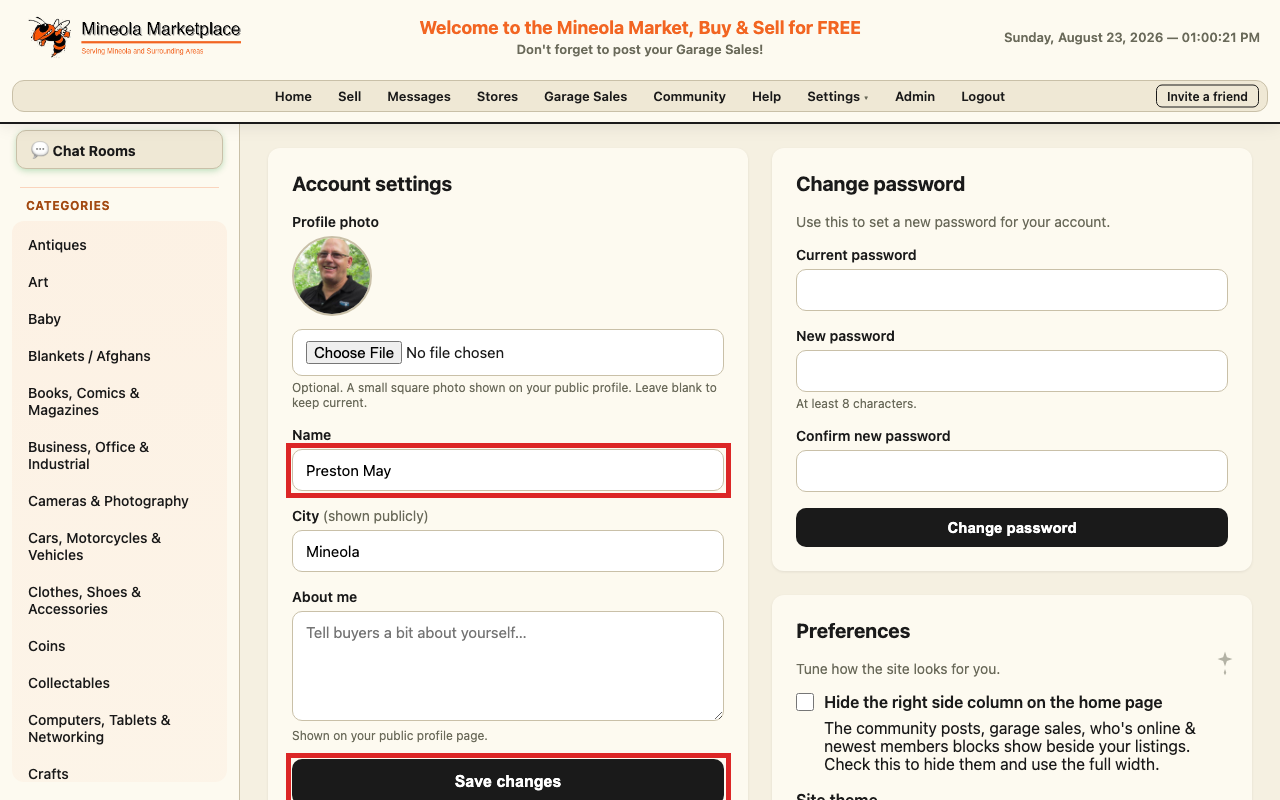 The settings page